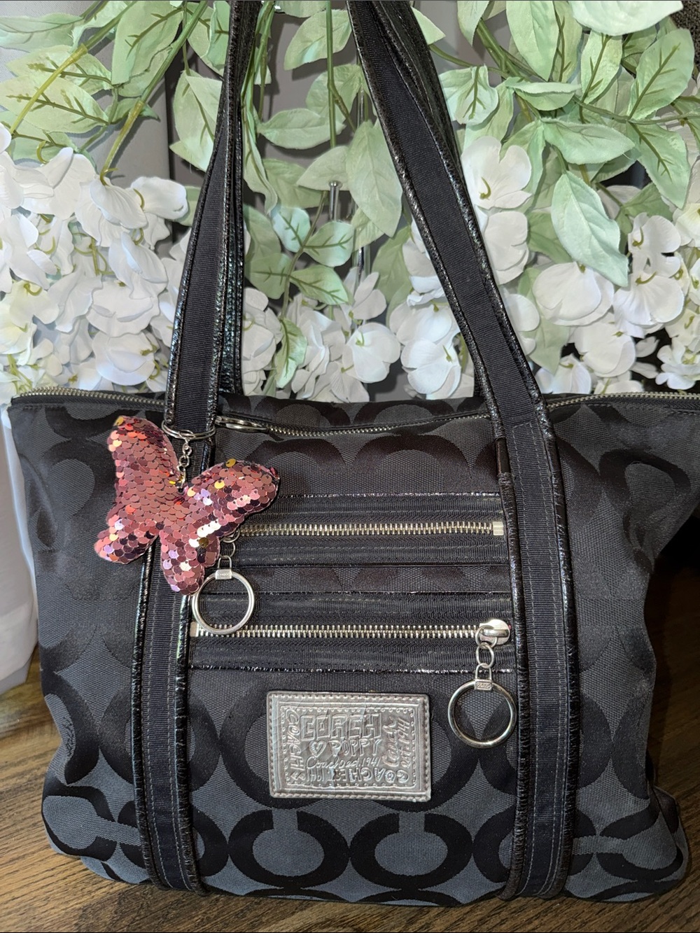 Coach POPPY Black Signature Tote with Pink Sequin Butterfly Charm